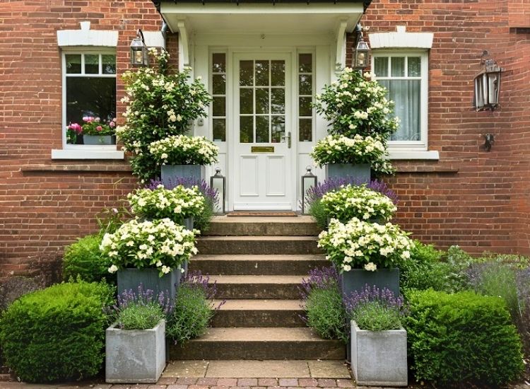 Fragrant flowering bushes add a refreshing touch to the house entrance design, creating an inviting and aromatic entryway.