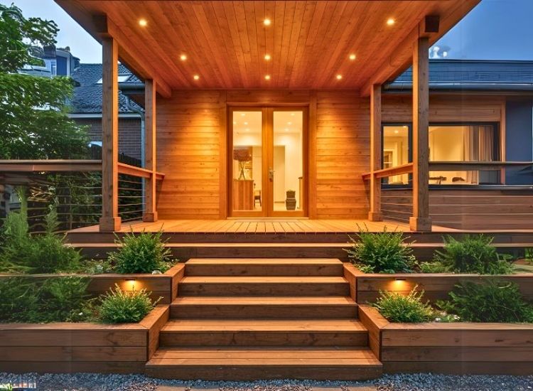Wooden decked entry porch adds rustic charm and warmth to the home entrance design, creating an inviting and stylish entryway.