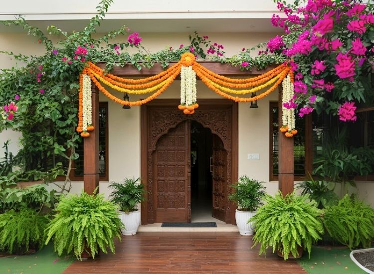 Traditional Indian 'Toran' decorates the entryway, adding a festive and cultural touch to the home entrance design.