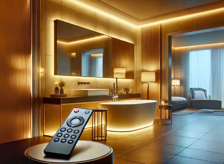 A bathroom showcasing remote-controlled dimmable lighting
