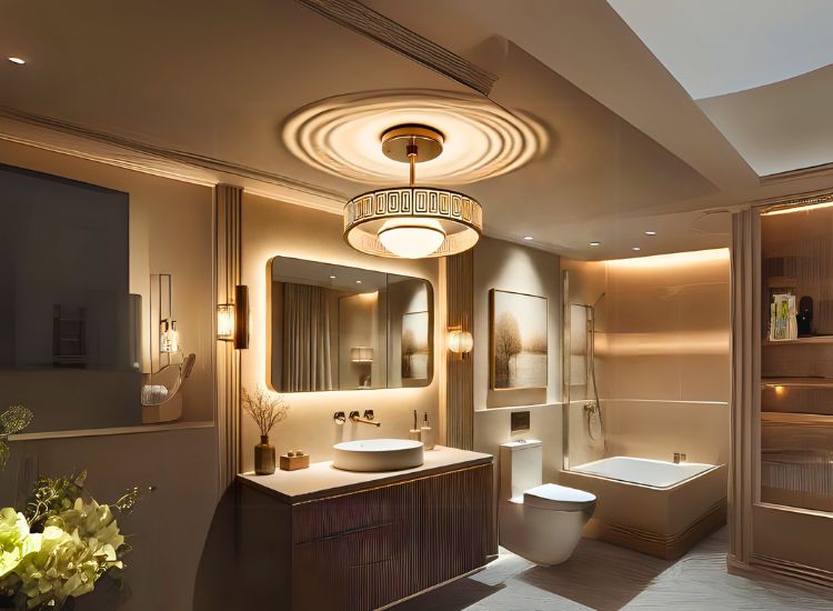 A bathroom with a semi-flush mount light