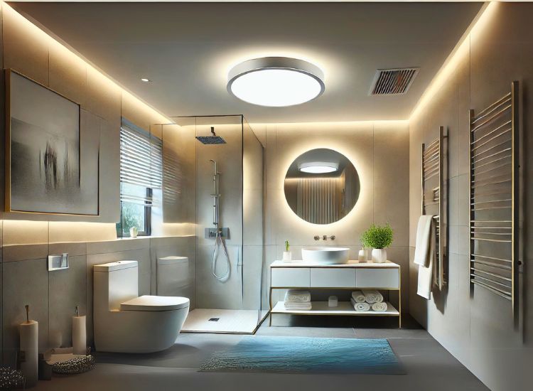 A modern bathroom illuminated by a stylish ceiling light
