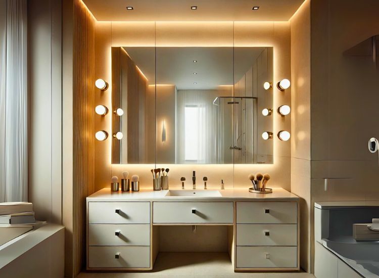 A modern bathroom showcasing vanity lighting