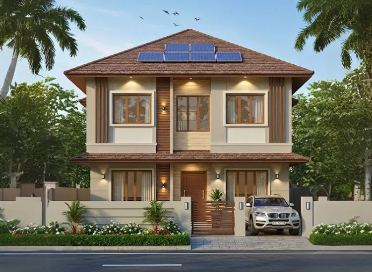 Home front elevation design aligning aesthetics with functionality, creating a visually pleasing yet practical double-floor structure