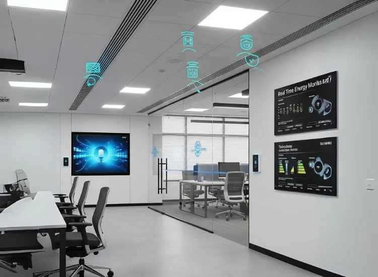 A tech-enabled office featuring smart lighting and IoT devices, showcasing modern office interior design blended with advanced corporate interior design technology.
