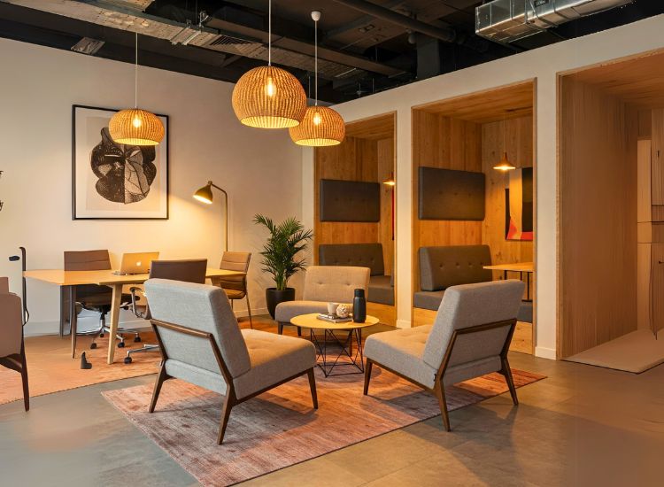 Resimercial office interior design blending residential comfort with professional needs, creating cozy, productive spaces in modern office layouts with thoughtful design.