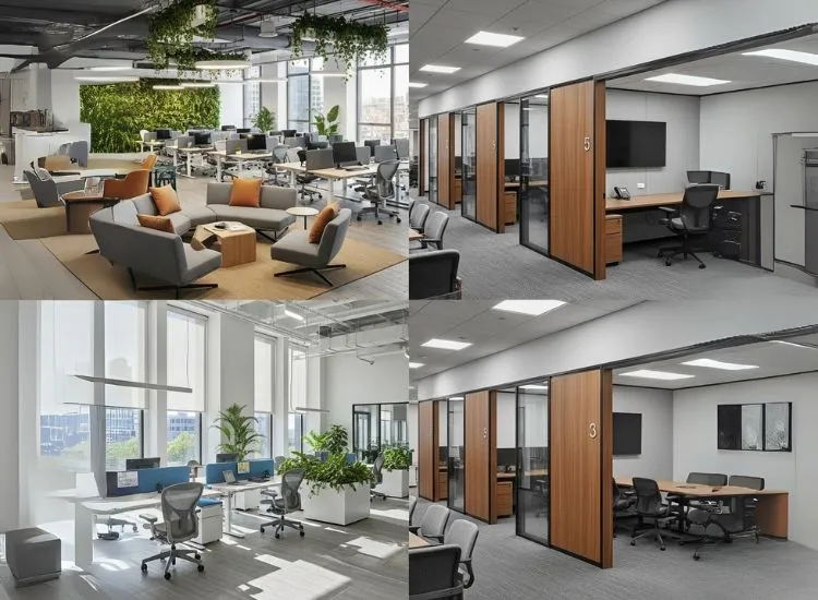 A modern small office tailored to multi-generational needs, blending flexible office interior design ideas with functional elements of corporate interior design.