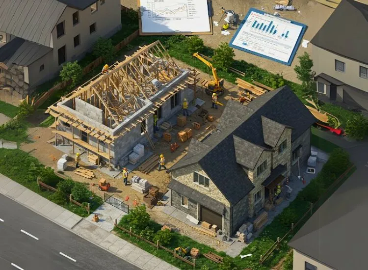 Home front elevation design planned around budget, timeline, and labor availability, ensuring a cost-effective and timely double-floor construction.