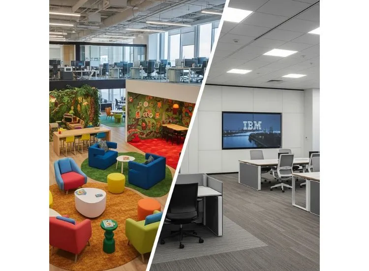 A visual comparison of Zappos’ playful layout and IBM’s formal setup, reflecting diverse approaches in corporate interior design and modern office interior design