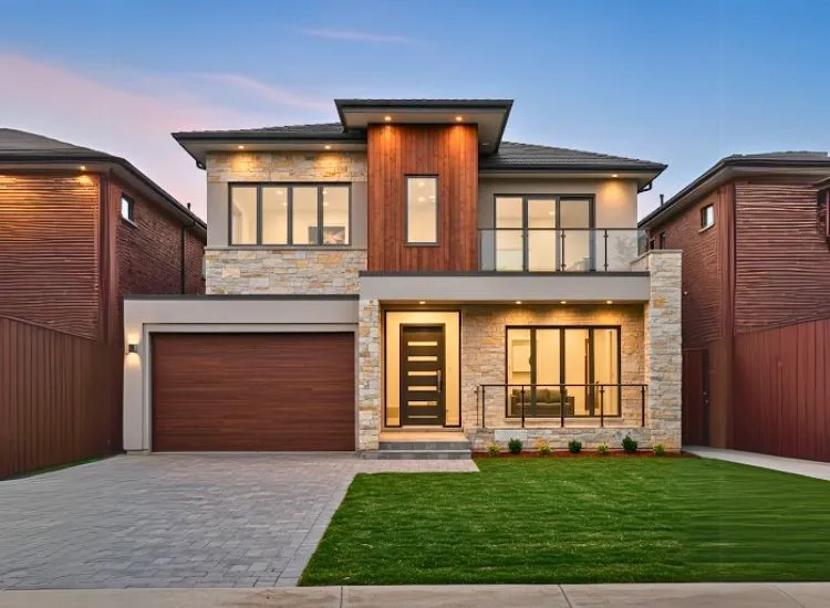 Home front elevation design using durable materials for long-term performance, ensuring the double-floor structure stands the test of time.