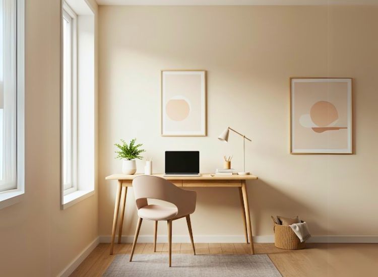 A calming workspace featuring soft blues and greens on walls and decor, promoting focus, relaxation, and a balanced, peaceful work environment.