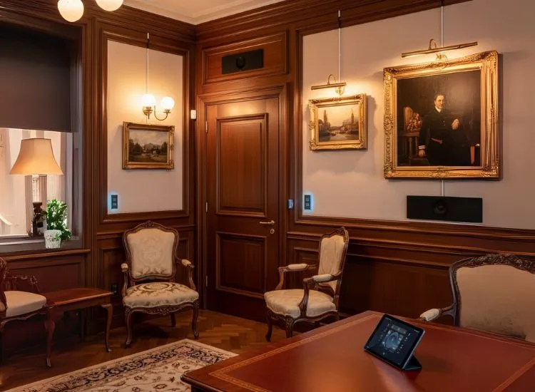 A traditional office room upgraded with hidden tech and smart devices, balancing office interior design ideas with modern touches in corporate office interior design.