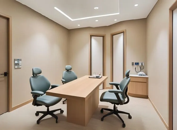 Interior design for clinics ensures consultation rooms balance patient privacy and professionalism with soundproofing, comfortable seating, and clean aesthetics.