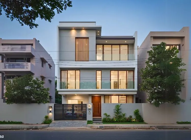 Contemporary minimalist home front elevation design with sleek lines and simple double-floor structure for a modern look
