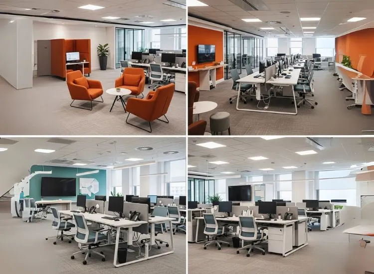 A dynamic office space with movable furniture and modular zones, showing how modern office interior design supports adaptability in corporate interior design services.