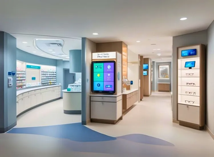 Clinic interior design incorporates in-clinic retail spaces like pharmacies and kiosks, enhancing convenience and improving patient experience and flow.