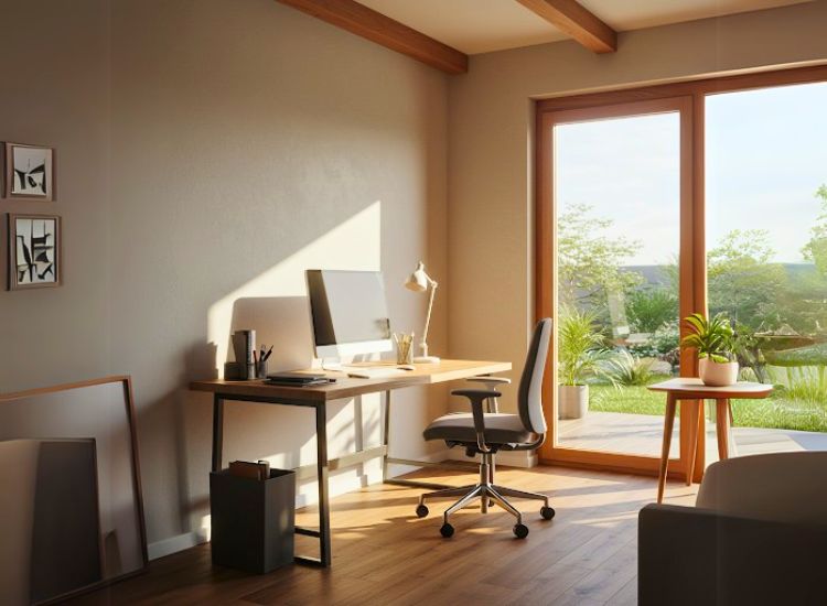 A well-organized home office with the desk facing the right direction and an ergonomic chair, promoting focus, comfort, and productivity according to Vastu.