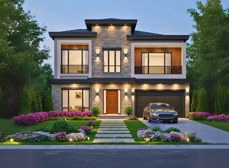Modern home front elevation design showcasing a double-floor layout with stunning architectural details – your dream house exterior.