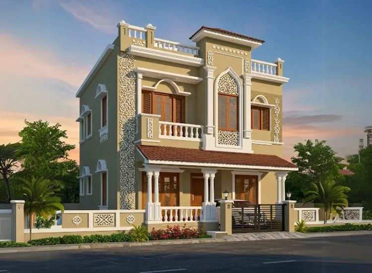 East Indian home front elevation design, blending traditional cultural elements with modern architecture in a stunning double-floor facade.