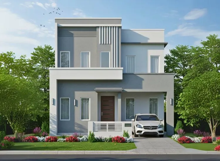 Contemporary home front elevation design with a flat roof and sleek horizontal detailing, creating a clean and stylish double-floor exterior.
