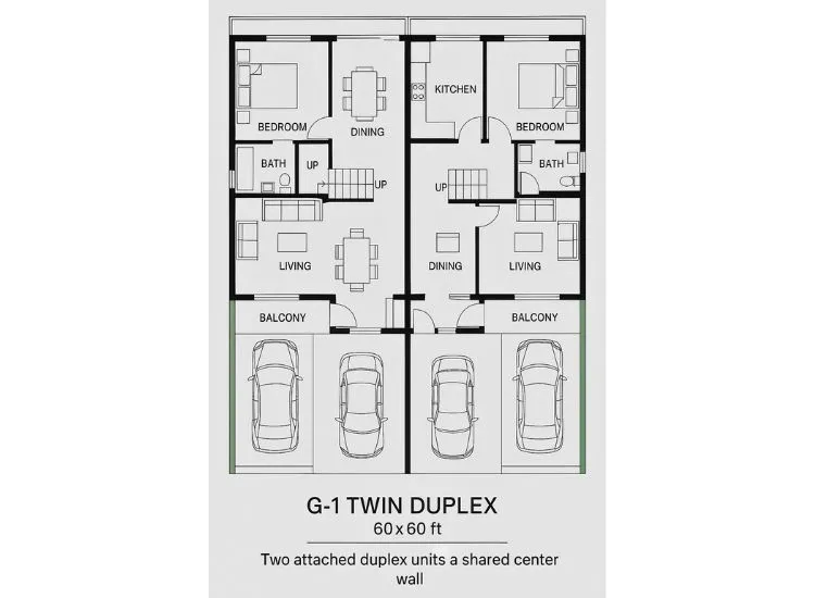 "60x60 ft G+1 twin duplex south facing house plan with vastu-compliant layout, spacious design, and modern front elevation"