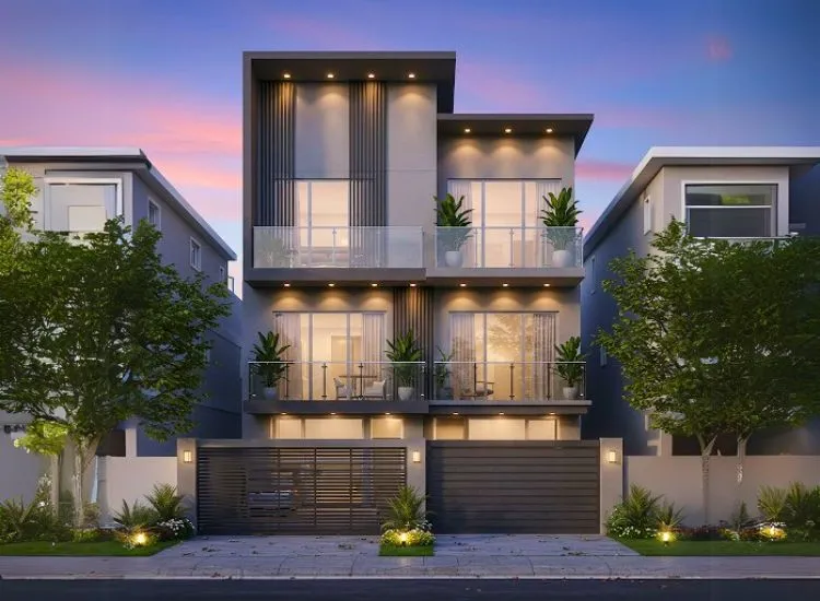 Contemporary home front elevation design featuring glass and steel combinations, offering a sleek, modern aesthetic for the double-floor exterior.