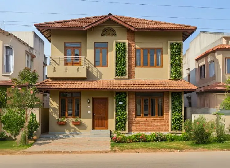Biophilic home front elevation design with vertical gardens and green facades, merging nature with modern double-floor architecture.
