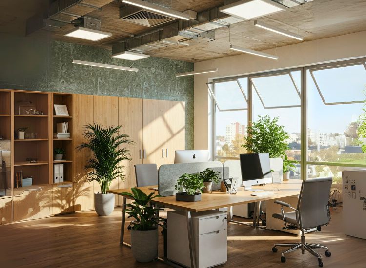 Office interior design focusing on improving indoor air quality through smart layout and materials, enhancing health and productivity in small office spaces with modern design.