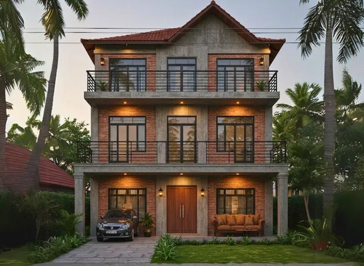 Industrial and rustic style home front elevation design with exposed materials and a robust double-floor structure for a bold look.