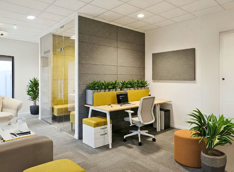 Interior design in office settings with sound management features, enhancing focus and productivity in small office interior design through smart acoustics and layout.