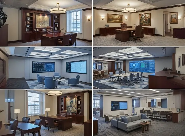 JPMorgan Chase office interiors showcasing a fusion of classic and contemporary aesthetics, merging corporate interior design with modern office interior design elements.