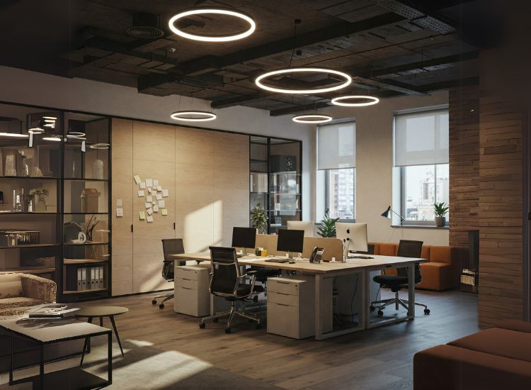 Purposeful lighting in modern office interior design enhancing workspace ambiance, focus, and efficiency in a small office with smart interior design in office.