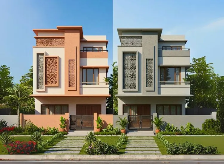 Home front elevation design tailored to local climate and material suitability, ensuring durability and comfort for the double-floor structure.