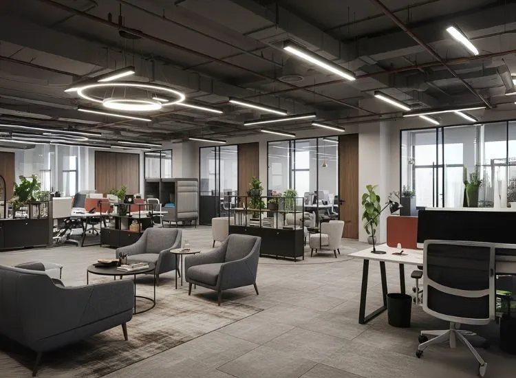 A well-planned workspace showing sustainable materials and efficient layout, emphasizing long-term benefits of corporate interior design and office interior design ideas.