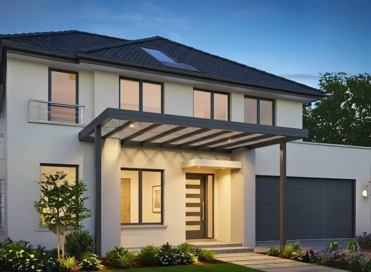 Contemporary home front elevation design with a minimal front pergola or canopy extension, adding elegance to the double-floor structure.