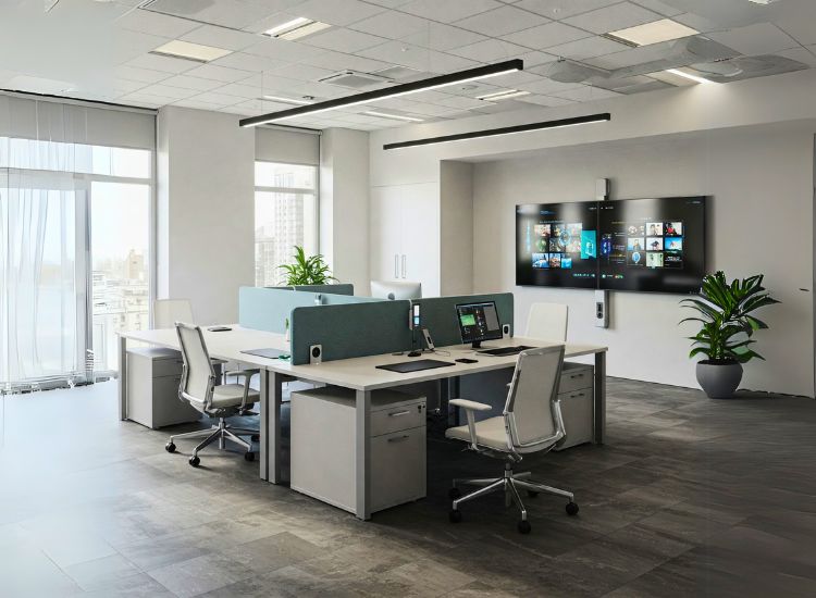 Modern office interior design seamlessly integrating technology, enhancing productivity and efficiency in small office spaces with smart interior design in office environments.
