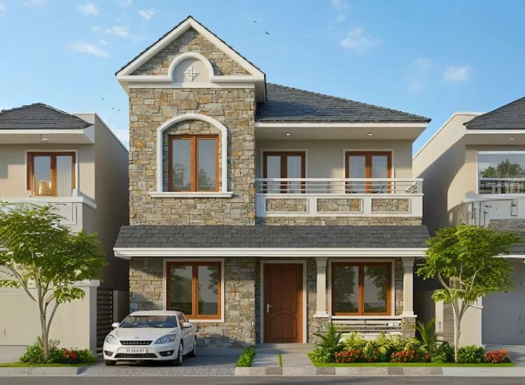 Home front elevation design with natural stone and textured cladding, creating a rugged yet modern look for the double-floor exterior.