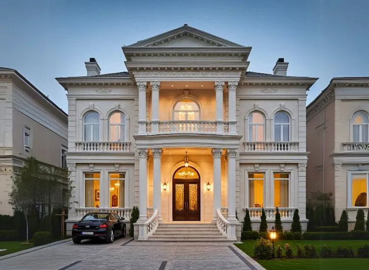 Neo-classical home front elevation design featuring double-floor columns and ornate details blending tradition with modern style.