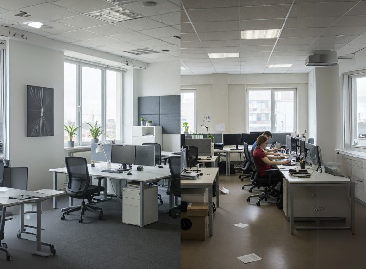 Modern office interior design showcasing a functional layout that boosts efficiency in a small office setting.