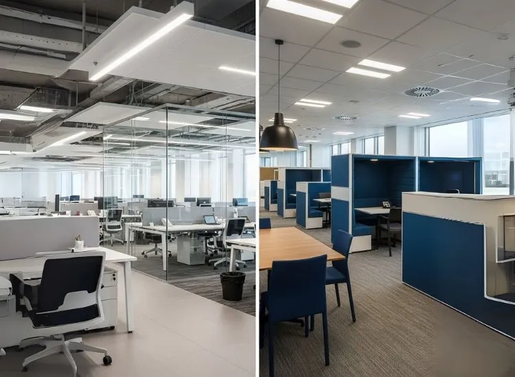 A comparison between open-plan and classic enclosed layouts, focusing on how corporate interior design and office interior design ideas handle privacy and confidentiality.