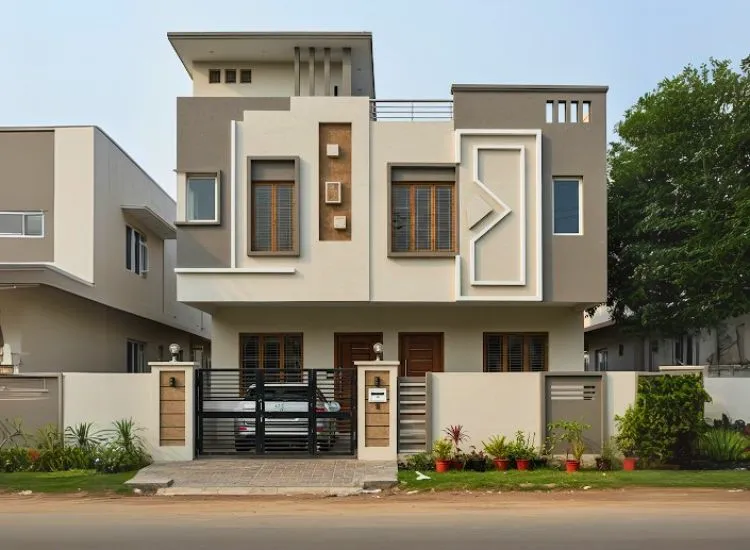 Home front elevation design with painted wall niches and geometric designs, enhancing the modern double-floor structure with bold artistic details.