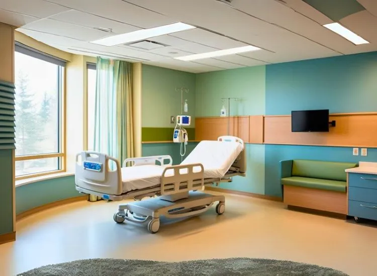 Hospital interior design creates patient rooms focused on comfort with soothing colors, natural light, and functional layouts to promote healing and relaxation.