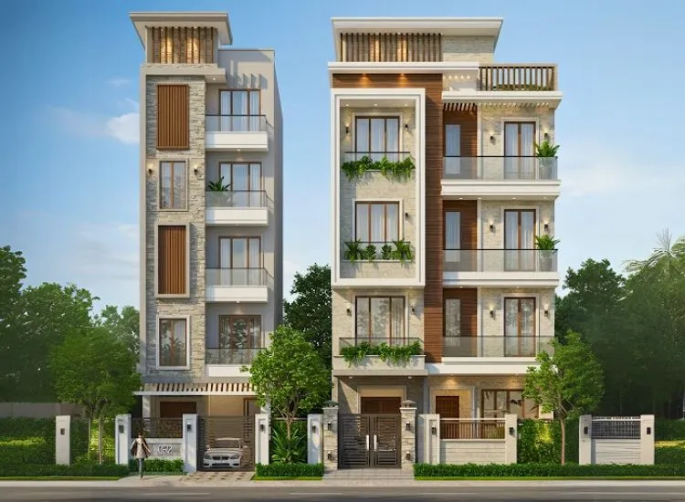 Home front elevation design considering plot size and orientation, optimizing the double-floor layout for natural light and ventilation.