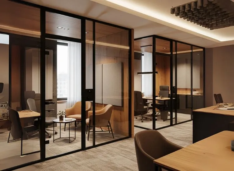 A quiet office cabin setup with soundproofing and enclosed zones, highlighting corporate office interior design and functional office interior design ideas.