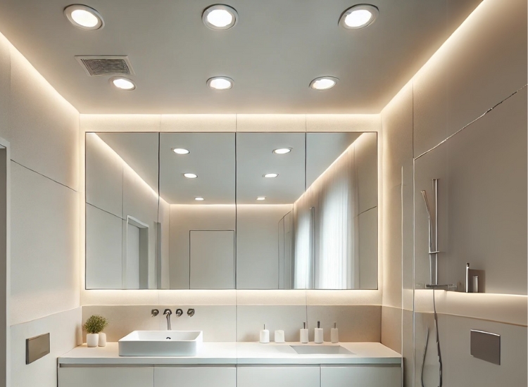 Recessed lights installed in bathroom ceiling