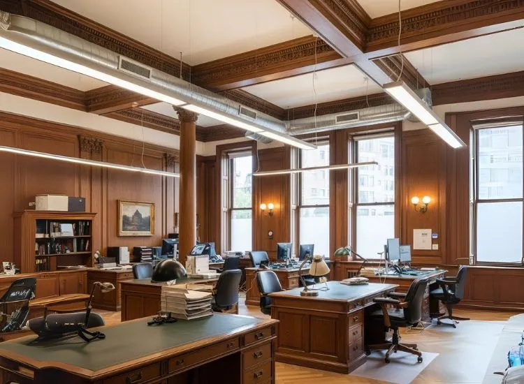 A renovated classic office interior upgraded with LED lighting and insulation, merging corporate interior design with smart modern office interior design solutions.