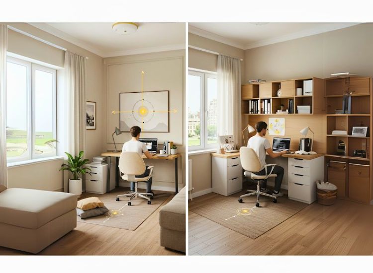 A comparison of two home office setups: one with a spacious room layout and the other with a cozy corner, illustrating their impact on focus and productivity.