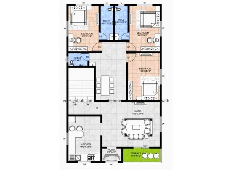 "30x50 ft double floor 3BHK south facing duplex house plan with vastu layout and modern elevation design"