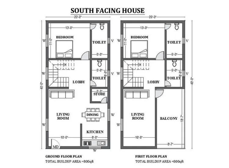 "20x40 ft compact duplex south facing house plan with efficient vastu design and stylish front elevation"