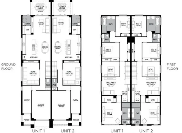 "40x60 ft modern twin house plan with two 20x60 ft south facing units, featuring vastu design and contemporary front elevation"